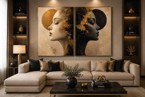 Abstract female profile diptych canvas art in black, beige and gold for luxury living room decor.