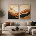 Warm desert landscape diptych canvas art with golden sun for modern living room decor.