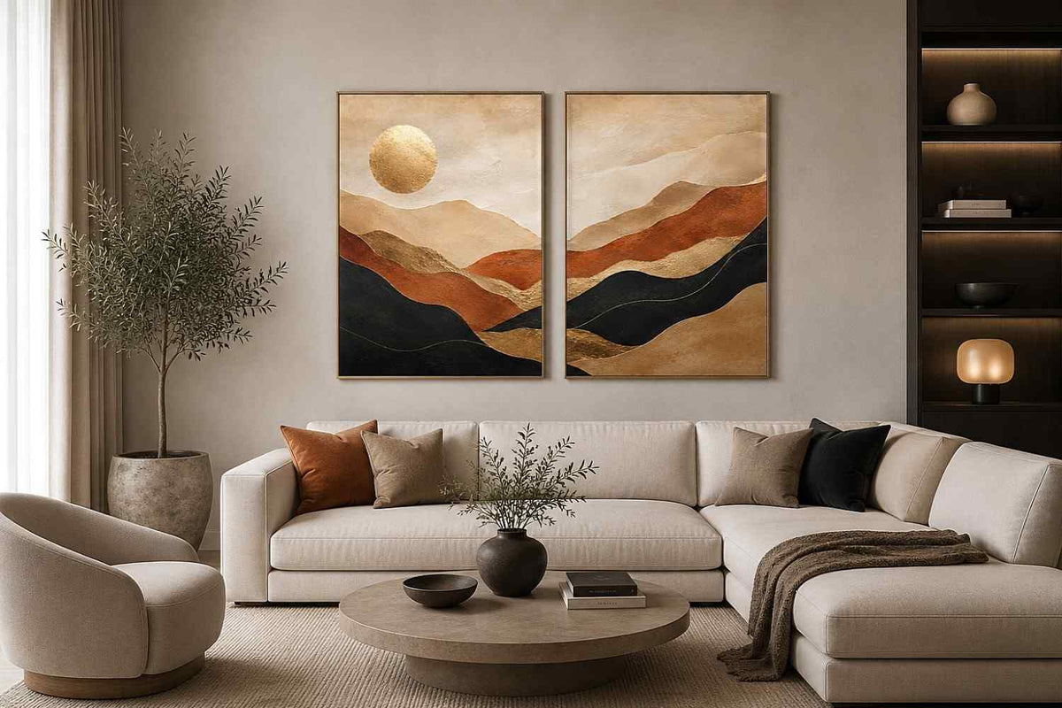 Warm desert landscape diptych canvas art with golden sun for modern living room decor.
