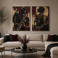 Moody jazz musician diptych canvas art with woman, wine and guitar for luxury home bar decor.