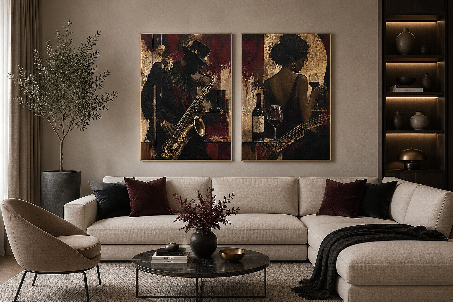 Moody jazz musician diptych canvas art with woman, wine and guitar for luxury home bar decor.