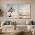 Coastal palm tree and ocean sunrise diptych canvas art for relaxed living room decor.