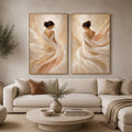 Elegant female figure diptych canvas art with flowing fabric for soft luxury bedroom decor.