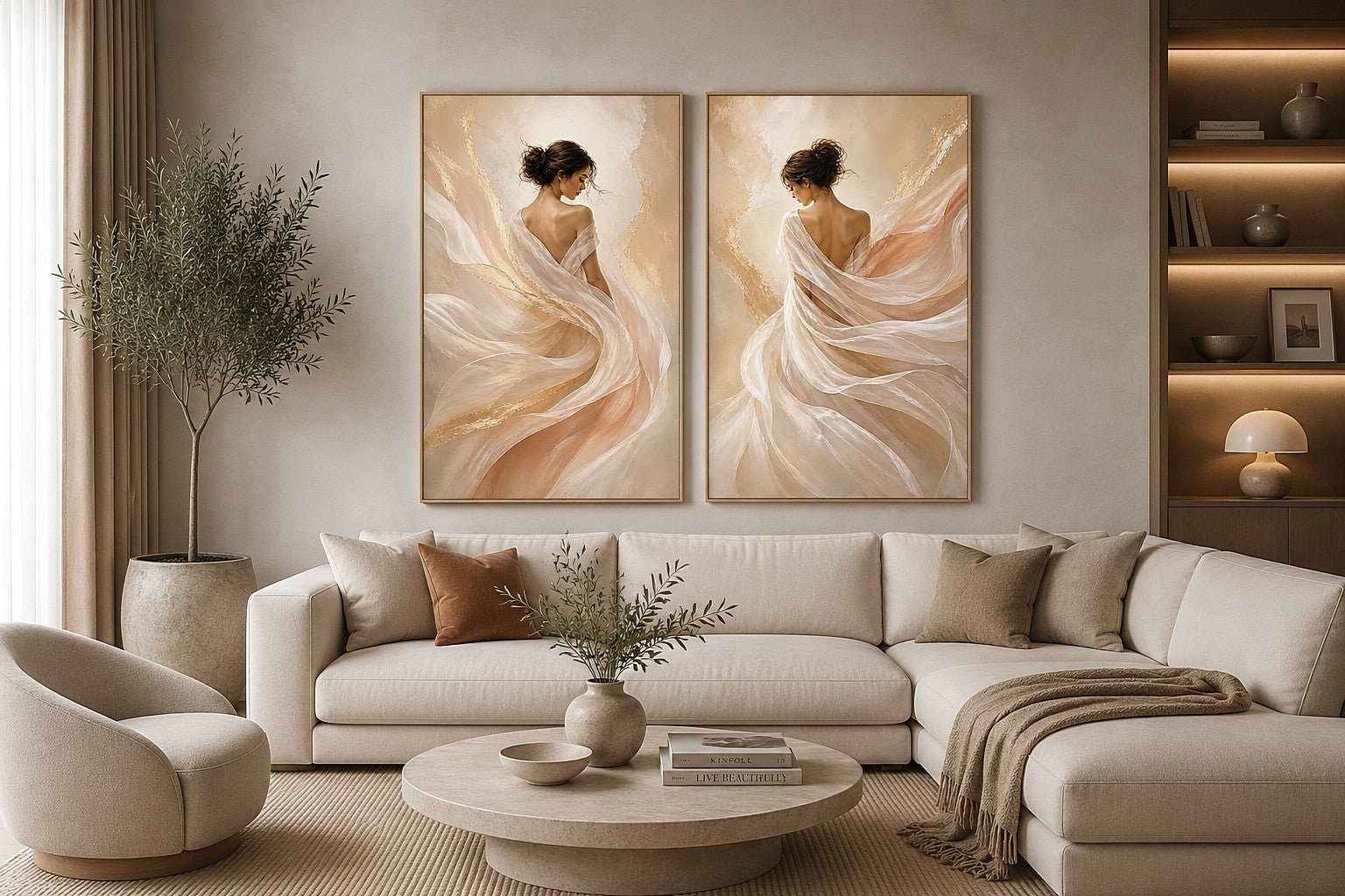 Elegant female figure diptych canvas art with flowing fabric for soft luxury bedroom decor.