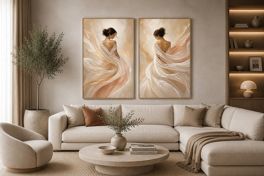 Elegant female figure diptych canvas art with flowing fabric for soft luxury bedroom decor.