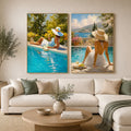 Mediterranean poolside women diptych canvas art for relaxed coastal living room decor.