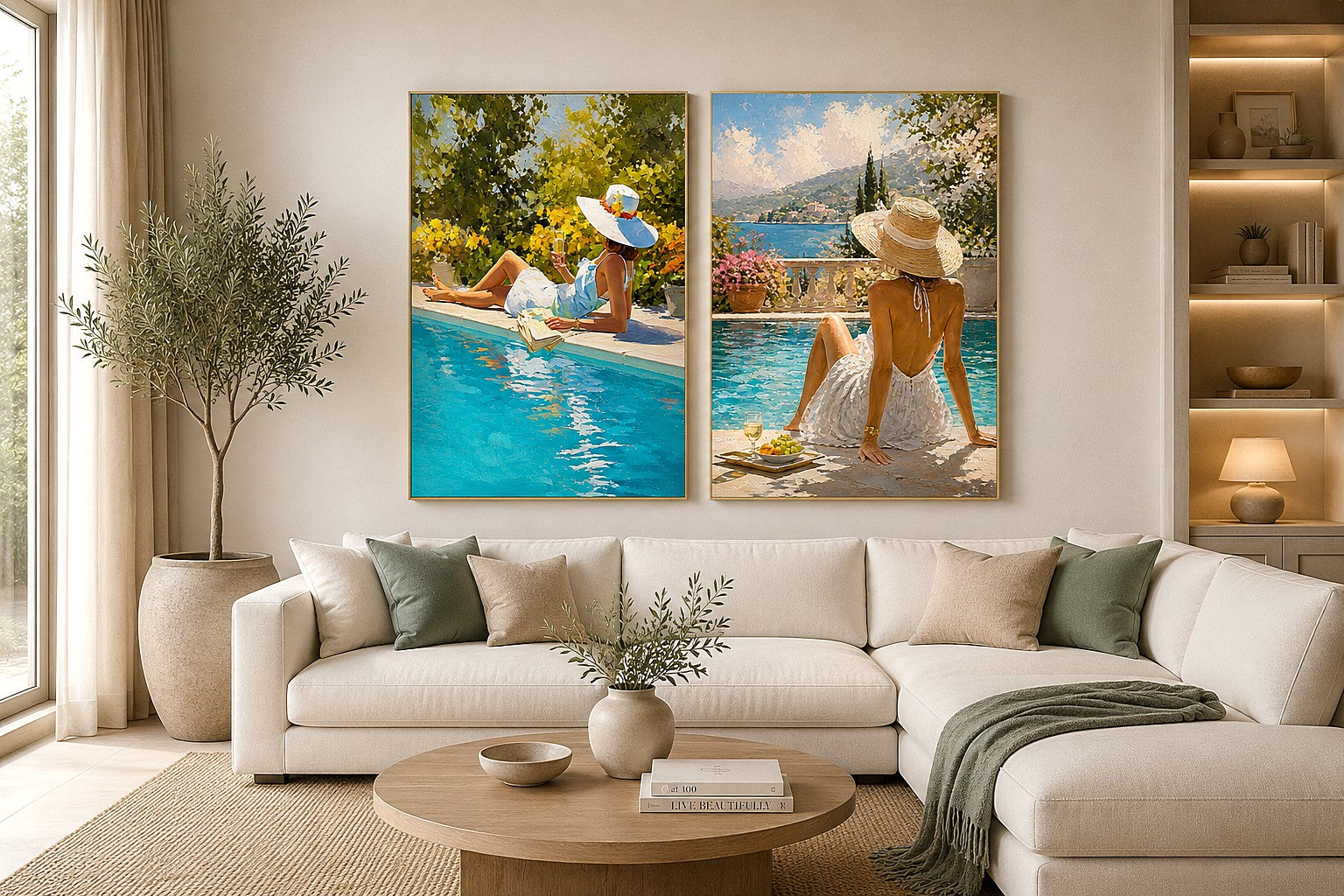 Mediterranean poolside women diptych canvas art for relaxed coastal living room decor.