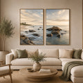 Coastal beach rocks diptych canvas art with soft ocean waves for serene living room decor.