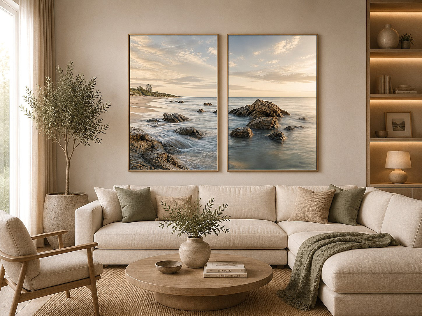Coastal beach rocks diptych canvas art with soft ocean waves for serene living room decor.