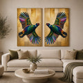 Colorful mirrored bird diptych canvas art with gold accents for luxury living room decor.