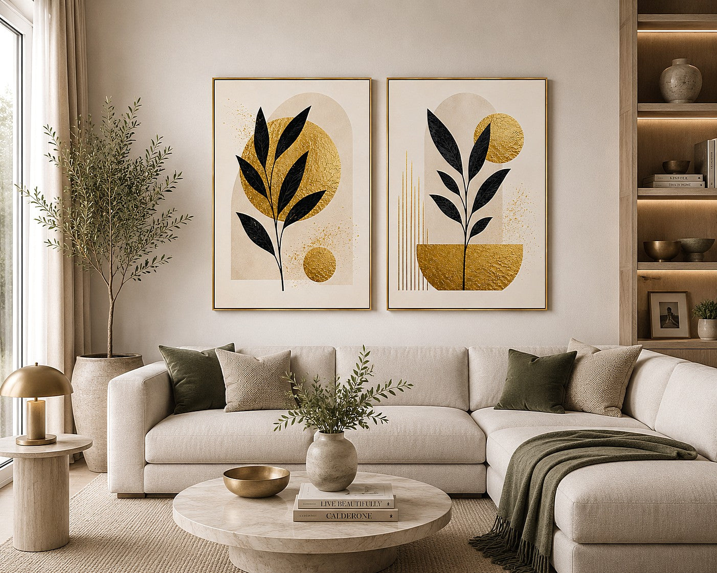 Black and gold botanical diptych canvas art for modern living room decor.