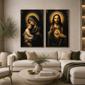 Sacred Jesus and Mary religious canvas art with gold halos for elegant home decor.