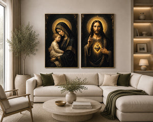 Sacred Jesus and Mary religious canvas art with gold halos for elegant home decor.