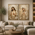 Jesus and Mary floral religious canvas art with gold halos for elegant home decor.