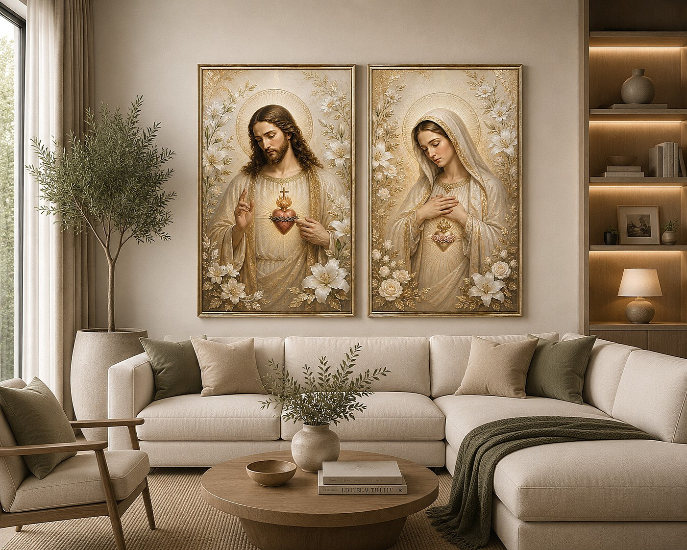 Jesus and Mary floral religious canvas art with gold halos for elegant home decor.
