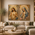 Jesus and Mary floral religious canvas art with gold halos and birds for elegant home decor.