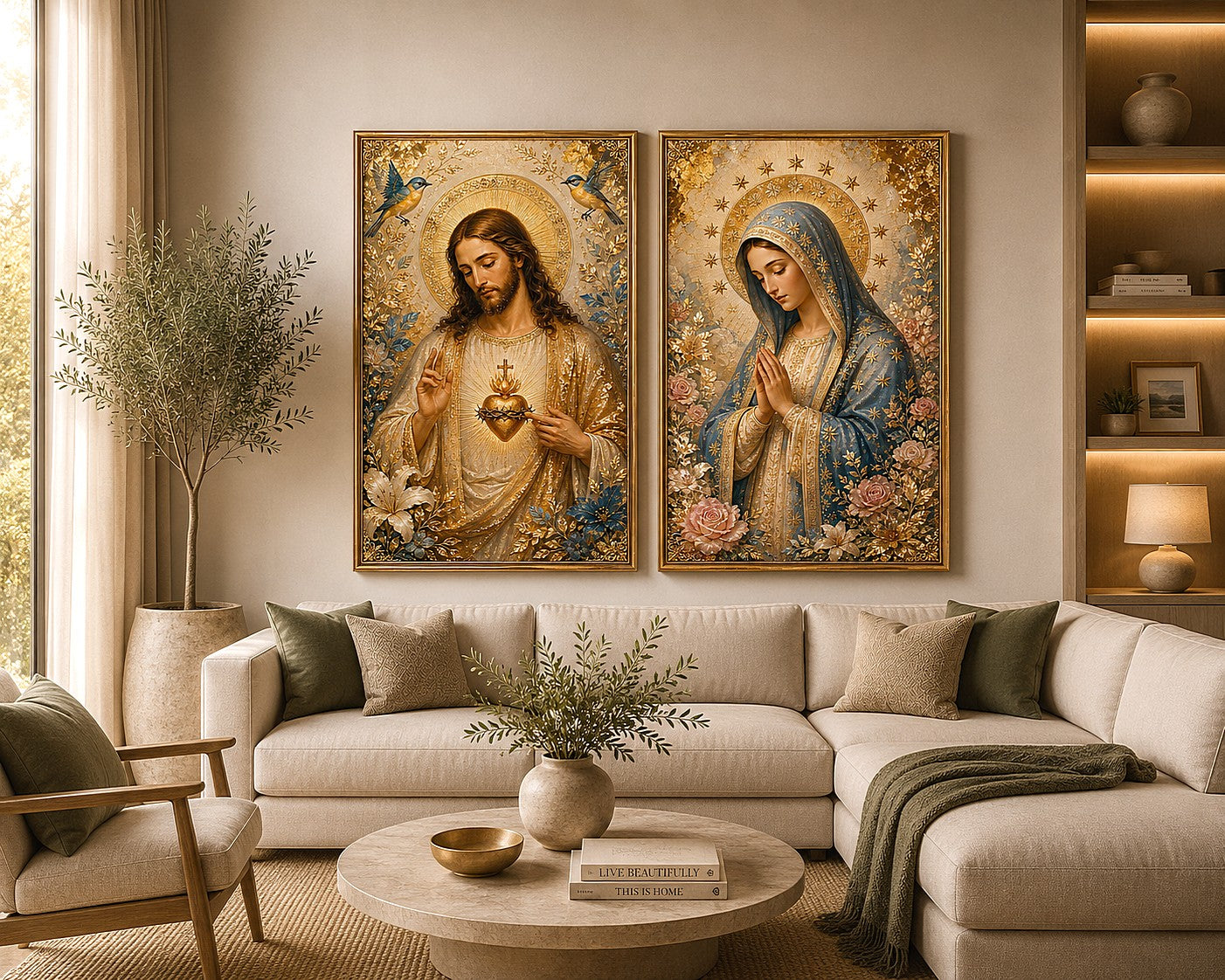 Jesus and Mary floral religious canvas art with gold halos and birds for elegant home decor.