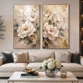 Ivory floral diptych canvas art with gold accents for elegant bedroom decor