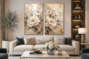 Ivory floral diptych canvas art with gold accents for elegant bedroom decor