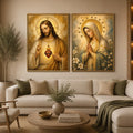 Jesus and Mary religious canvas art with sacred heart, flowers, and gold halos for home decor.