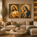 Jesus and Mary religious canvas art with emerald tones, gold halos, and sacred heart detail.