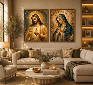 Jesus and Mary religious canvas art with emerald tones, gold halos, and sacred heart detail.
