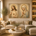 Jesus and Mary religious canvas art with sacred heart, prayer pose, and gold halos.