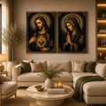 Dark Jesus and Mary religious canvas art with gold halos and sacred heart detail.