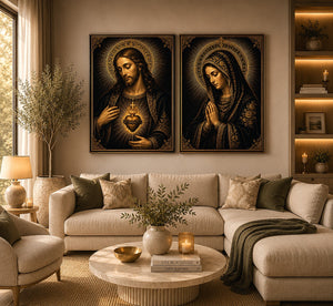 Dark Jesus and Mary religious canvas art with gold halos and sacred heart detail.