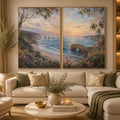 Coastal ocean landscape canvas art with cliffs, waves, rock arch, and soft blue tones.