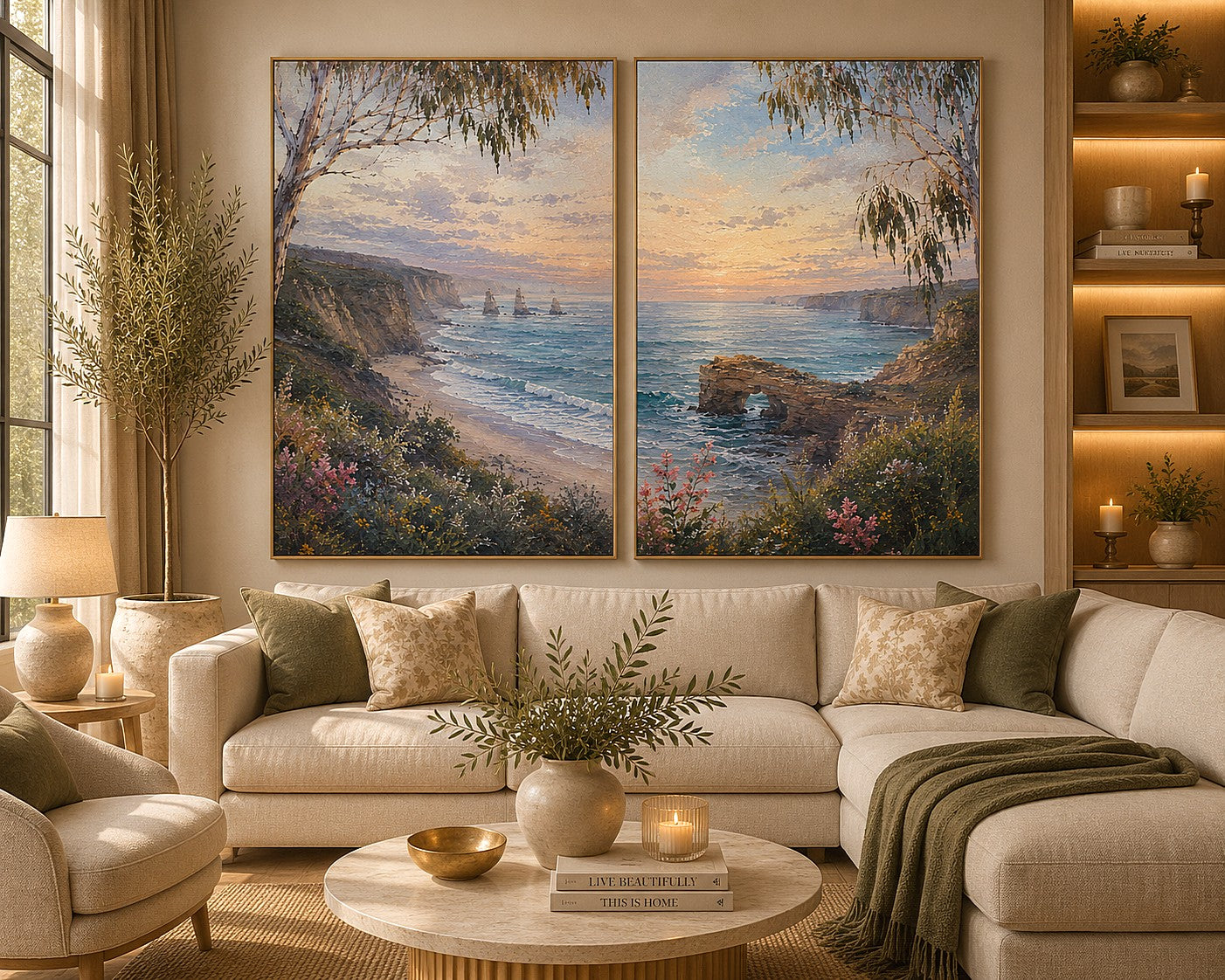 Coastal ocean landscape canvas art with cliffs, waves, rock arch, and soft blue tones.