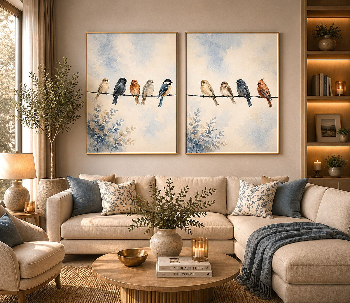 Watercolor birds on a wire canvas art with soft blue sky for peaceful home decor.