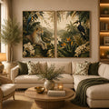 Tropical jungle diptych wall art featuring a leopard, macaw, toucan, orchids and lush rainforest foliage.