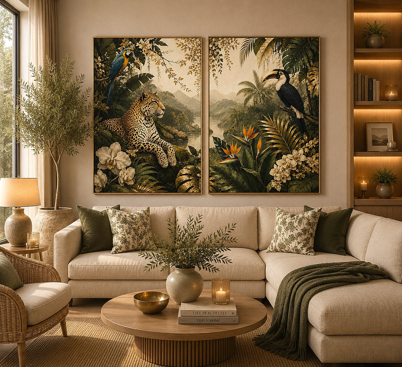 Tropical jungle diptych wall art featuring a leopard, macaw, toucan, orchids and lush rainforest foliage.