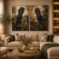 Black cockatoo botanical diptych wall art with dark tropical foliage, palms and banksia-style flowers.