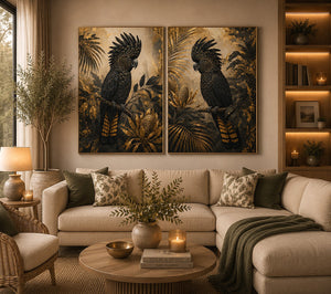 Black cockatoo botanical diptych wall art with dark tropical foliage, palms and banksia-style flowers.