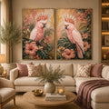 Pink cockatoo tropical floral diptych wall art with hibiscus flowers, palm leaves and soft pastel botanical details.