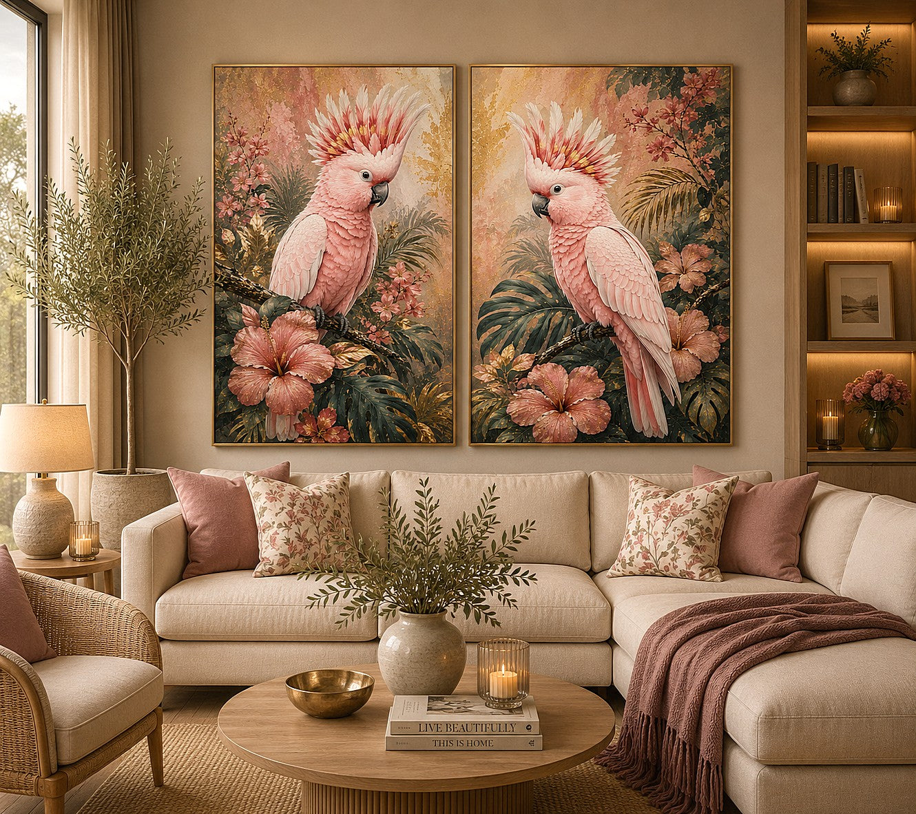 Pink cockatoo tropical floral diptych wall art with hibiscus flowers, palm leaves and soft pastel botanical details.