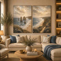 Soft coastal limestone stack canvas art for relaxed living room decor.