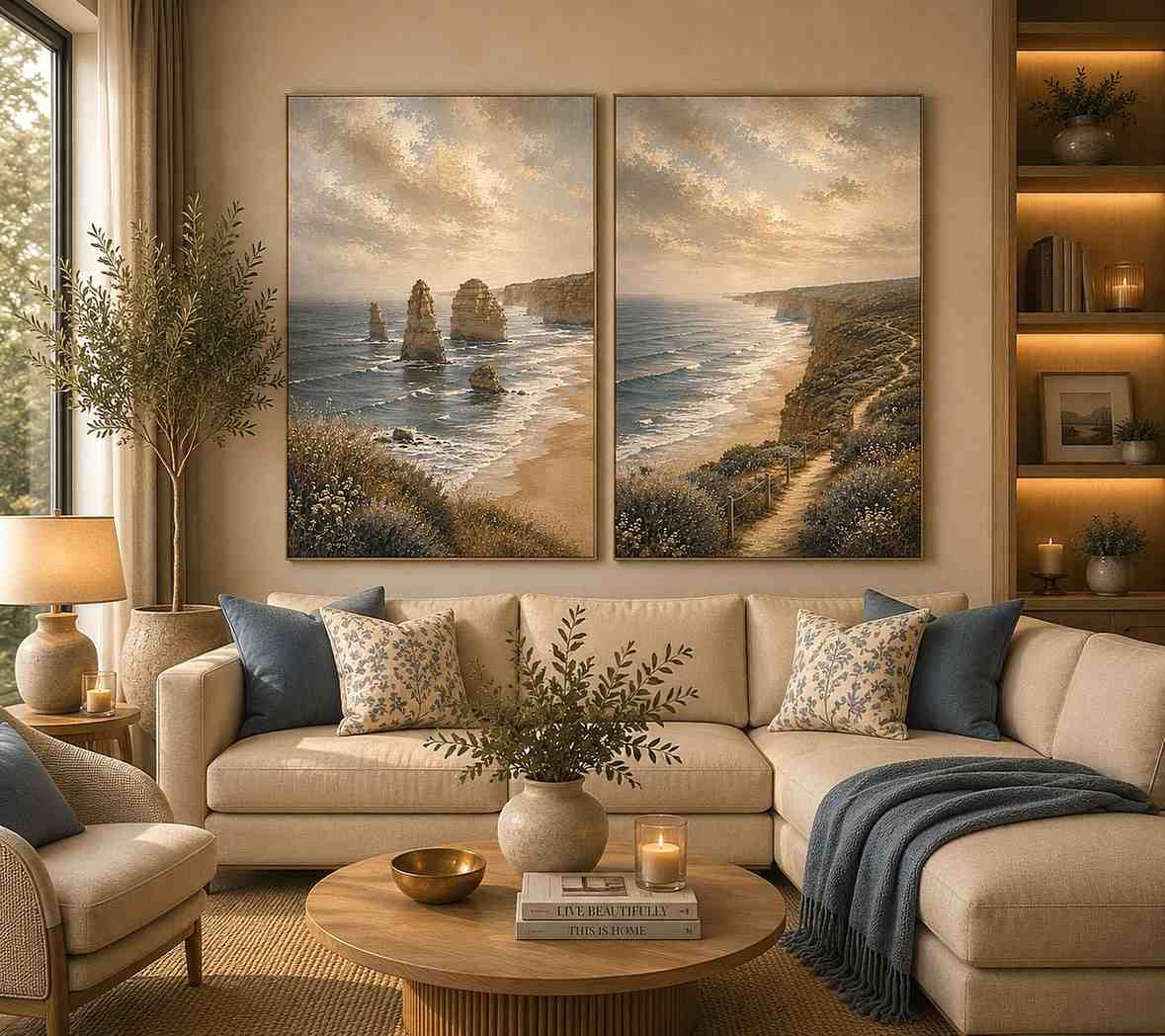 Soft coastal limestone stack canvas art for relaxed living room decor.