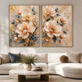 Champagne floral diptych canvas art with botanical leaves for luxury living room decor
