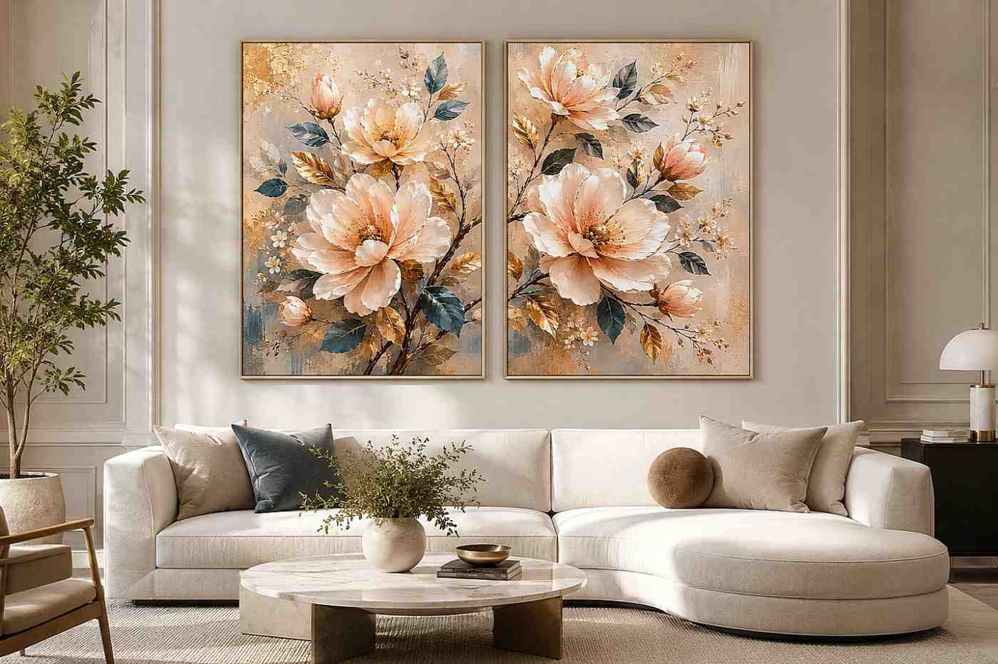 Champagne floral diptych canvas art with botanical leaves for luxury living room decor
