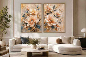 Champagne floral diptych canvas art with botanical leaves for luxury living room decor
