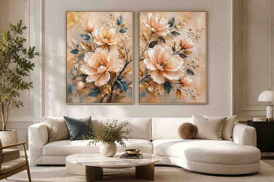 Champagne floral diptych canvas art with botanical leaves for luxury living room decor