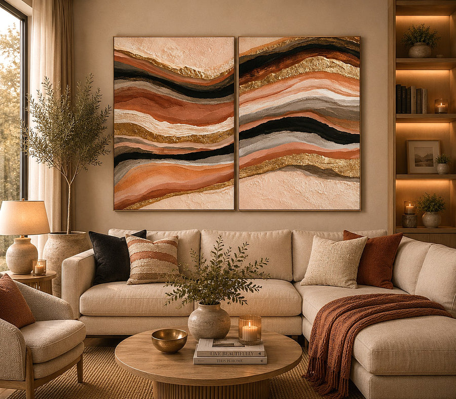 Terracotta abstract canvas art with black and gold flowing bands for modern living rooms.