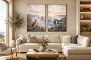 Australian kangaroo and koala coastal canvas art for calm living room decor.