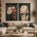 Elegant floral portrait canvas art with peonies for luxury bedroom decor.