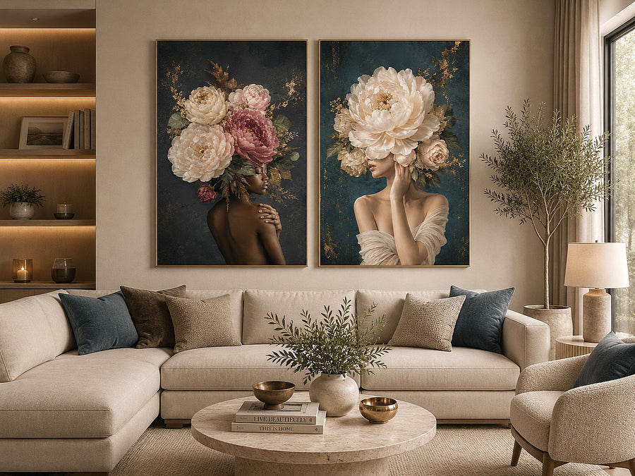 Elegant floral portrait canvas art with peonies for luxury bedroom decor.