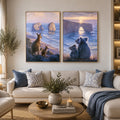 Painterly kangaroo and koala coastal wall art for warm living room decor.