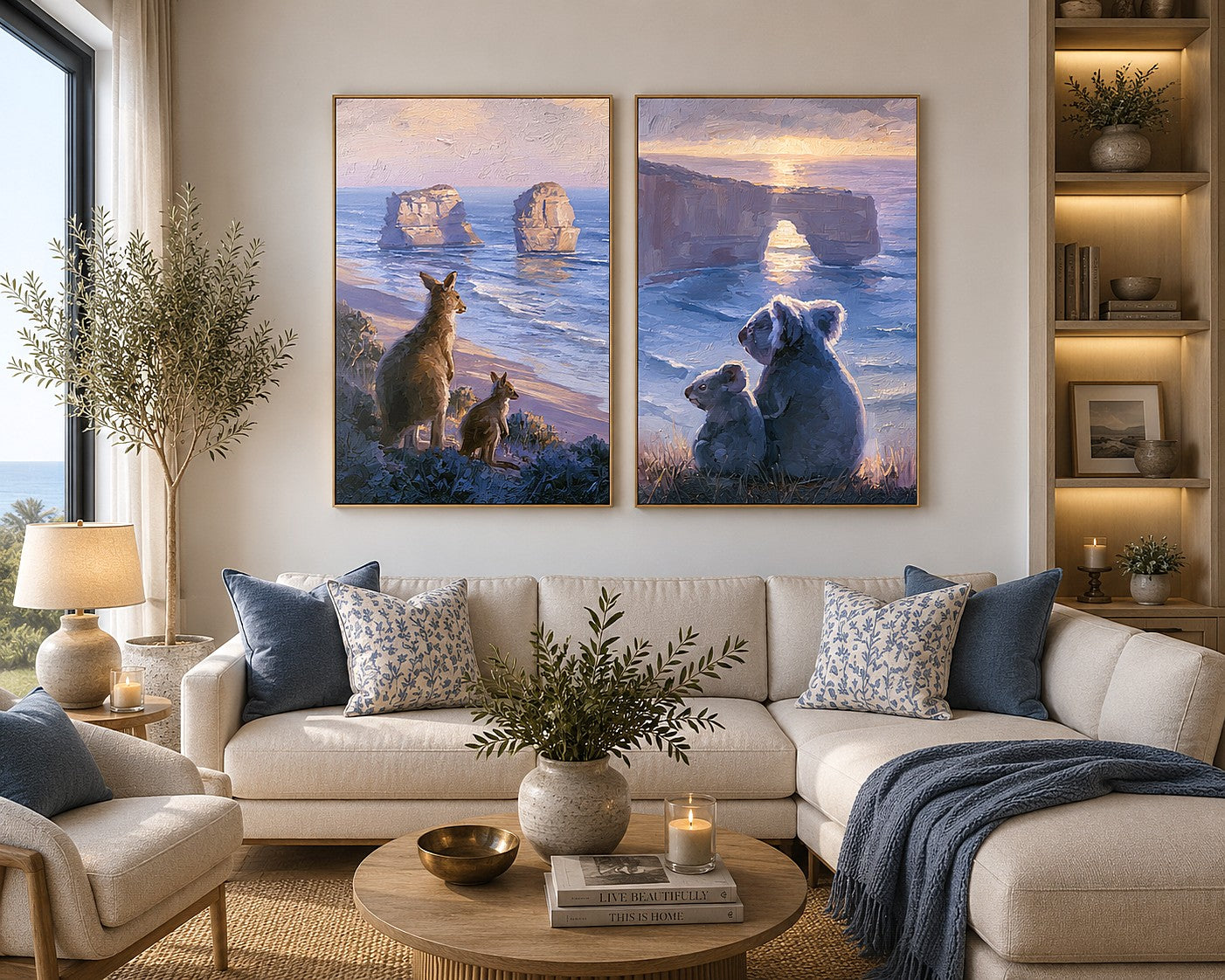 Painterly kangaroo and koala coastal wall art for warm living room decor.
